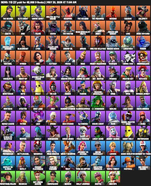 [PC/PSN] | 118 skins | 500 V-bucks | Take The L | The Reaper | Elite Agent | Omega | Lara Croft | Rogue Agent | Molten Battle Hound | Deadpool | Full Access