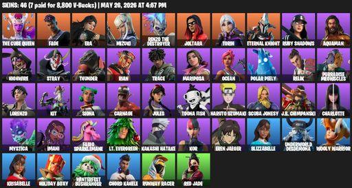 [PC/PSN/XBOX] | 46 skins | 1050 V-bucks | The Cube Queen | Fade | Era | Mizuki | Renzo the Destroyer | Joltara | Torin | Eternal Knight | Ruby Shadows | Full Access