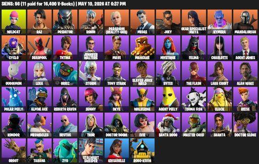 [PC/PSN/XBOX] | 56 skins | 1000 V-bucks | Wildcat | Lara Croft | Raz | Predator | Ronin | Paradigm (Reality-659) | Midas | Joey | Gear Specialist Maya | Full Access