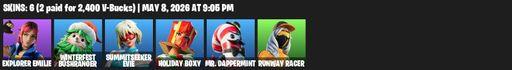 [PC/PSN/XBOX] | 6 skins | Explorer Emilie | Winterfest Bushranger | Summitseeker Evie | Holiday Boxy | Mr. Dappermint | Runway Racer | Full Access