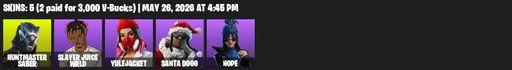 [PC/PSN] | 5 skins | 5250 V-bucks | Huntmaster Saber | Slayer Juice WRLD | Yulejacket | Santa Dogg | Hope | The Destroyer's Destroyer | Mercurial | Full Access