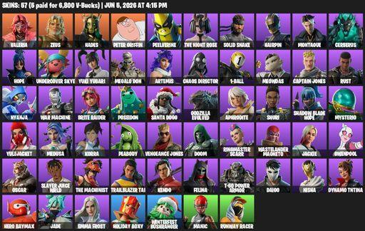 [PC/PSN/XBOX] | 57 skins | 1000 V-bucks | Valeria | Zeus | Hades | Peter Griffin | Peelverine | The Night Rose | Solid Snake | Hairpin | Montague | Full Access
