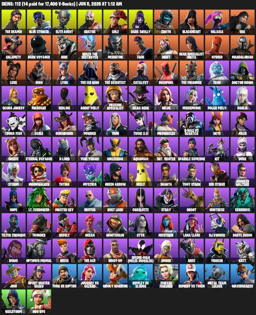[PC] | 112 skins | Take The L | The Reaper | Elite Agent | Blue Striker | Kratos | Cole | Dark Skully | Zenith | Blackheart | Galaxia | Era | Calamity | Full Access