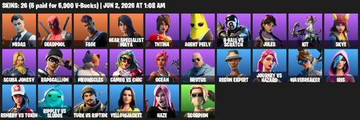 [PC/PSN/XBOX] | 26 skins | 1100 V-bucks | Midas | Deadpool | Fade | Gear Specialist Maya | TNTina | Agent Peely | 8-Ball vs Scratch | Jules | Kit | Full Access