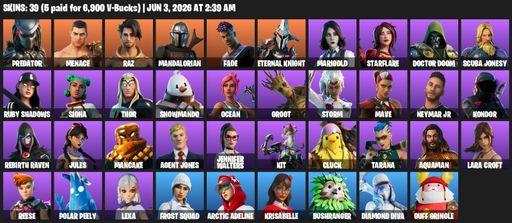 [PC/PSN/XBOX] | 39 skins | Leviathan Axe | Lara Croft | Predator | Menace | Raz | Mandalorian | Fade | Eternal Knight | Marigold | Starflare | Full Access
