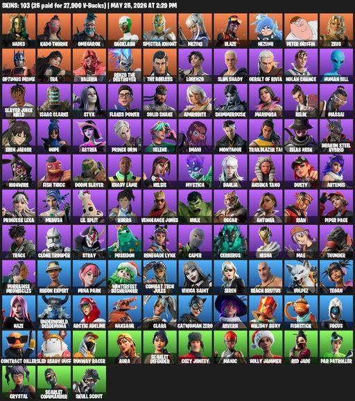 [PC/PSN] | 103 skins | Reaper Axe | Hades | Kado Thorne | Omegarok | Backlash | Spectra Knight | Mizuki | Blaze | Nezumi | Peter Griffin | Zeus | Full Access