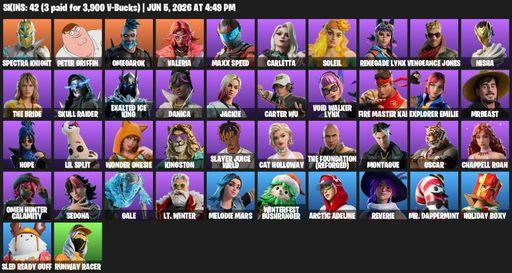 [PC/PSN/XBOX] | 42 skins | 2100 V-bucks | Spectra Knight | Peter Griffin | Omegarok | Valeria | Maxx Speed | Carletta | Soleil | Renegade Lynx | Full Access