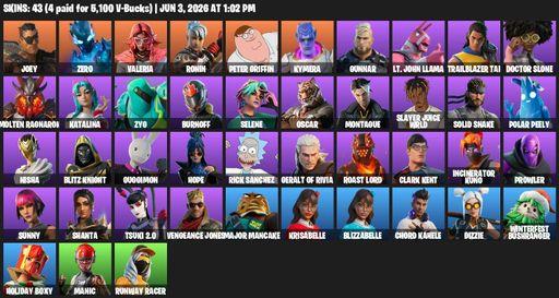 [PC/XBOX] | 43 skins | Joey | Zero | Valeria | Ronin | Peter Griffin | Kymera | Gunnar | Lt. John Llama | Trailblazer Tai | Doctor Slone | Full Access