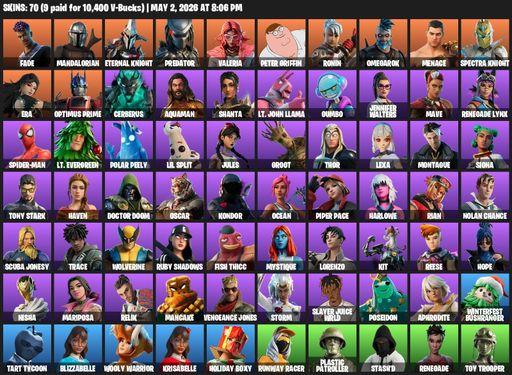 [PC/PSN/XBOX] | 70 skins | 1050 V-bucks | Fade | Mandalorian | Eternal Knight | Predator | Valeria | Peter Griffin | Ronin | Omegarok | Menace | Full Access