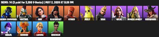 [PC/XBOX] | 14 skins | Carbon Commando | Sentinel | Rox | Blackheart | Hybrid | Peely | Vega | Wilde | Bunker Jonesy | Sidewinder | Dream | Sunbird | Full Access