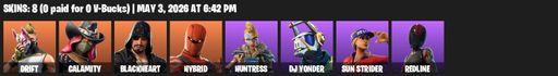 [PC/PSN] | 8 skins | Drift | Calamity | Blackheart | Hybrid | Huntress | DJ Yonder | Sun Strider | Redline | Reckoning | Rift Edge | Dragon's Claw | Full Access