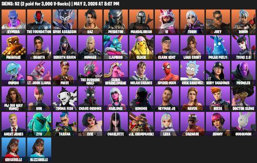 [PC] | 52 skins | 550 V-bucks | Lara Croft | Kymera | The Foundation | Spire Assassin | Raz | Predator | Mandalorian | Vi | Torin | Joey | Ronin | Full Access