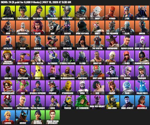 [PC] | 74 skins | 1200 V-bucks | Take The L | The Reaper | Elite Agent | Omega | Reaper Axe | Darth Vader | Trailblazer | Breakpoint | Zenith | Snap | Full Access