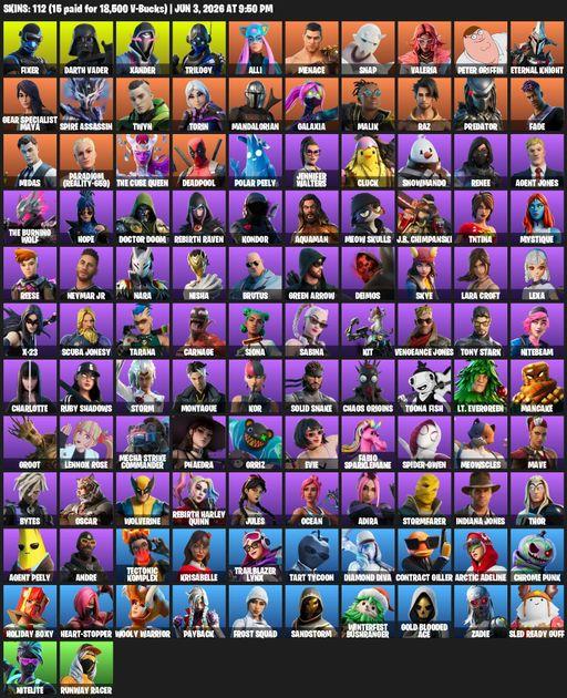 [PC/XBOX] | 112 skins | 600 V-bucks | Lara Croft | Fixer | Darth Vader | Xander | Trilogy | Alli | Menace | Snap | Valeria | Peter Griffin | Full Access