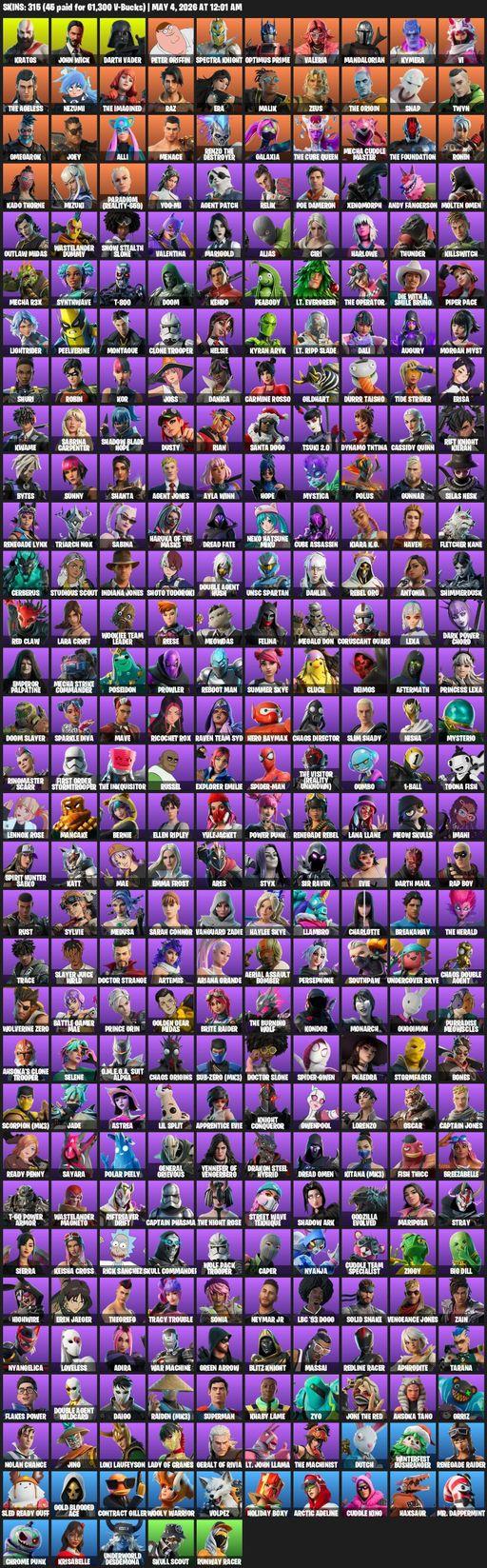 [PC/PSN/XBOX] | 315 skins | 1400 V-bucks | Leviathan Axe | Renegade Raider | Lara Croft | Kratos | John Wick | Darth Vader | Peter Griffin | Full Access