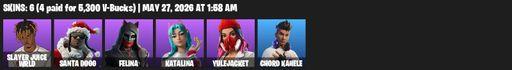 [PC/PSN/XBOX] | 6 skins | 700 V-bucks | Slayer Juice WRLD | Santa Dogg | Felina | Katalina | Yulejacket | Chord Kahele | Shamisen Electric | Full Access