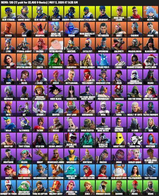 [PC/PSN/XBOX] | 120 skins | 650 V-bucks | Merry Mint Axe | Take The L | OG STW | Blue Squire | Blue Striker | Rogue Agent | Trilogy | Carbon Commando | Full Access
