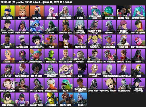 [PC/PSN/XBOX] | 66 skins | 1900 V-bucks | Neo Versa | All Might | Catalyst | Gwenpool | Emma Frost | X-Lord | Neko Hatsune Miku | Mysterio | Full Access
