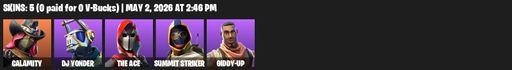 [PC/PSN/XBOX] | 5 skins | Calamity | DJ Yonder | The Ace | Summit Striker | Giddy-up | Reckoning | Smash Up | Default Pickaxe | Full Access