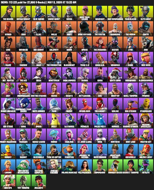 [PC/PSN/XBOX] | 113 skins | 600 V-bucks | Leviathan Axe | Take The L | OG STW | Royale Knight | The Reaper | Elite Agent | Blue Squire | Omega | Full Access