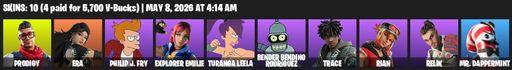 [PC/XBOX] | 10 skins | 550 V-bucks | Prodigy | Era | Philip J. Fry | Explorer Emilie | Turanga Leela | Bender Bending Rodríguez | Trace | Rian | Relik | Full Access