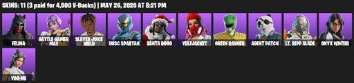 [PC/PSN/XBOX] | 11 skins | Felina | Battle Gamer Mae | Slayer Juice WRLD | UNSC Spartan | Santa Dogg | Yulejacket | Green Ranger | Agent Patch | Full Access