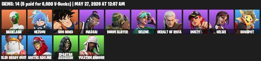 [PC/PSN] | 14 skins | 550 V-bucks | Backlash | Nezumi | Son Goku | Massai | Doom Slayer | Selene | Geralt of Rivia | Dusty | Helsie | Sunspot | Full Access