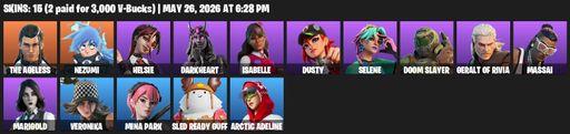 [PC/XBOX] | 15 skins | The Ageless | Nezumi | Helsie | Darkheart | Isabelle | Dusty | Selene | Doom Slayer | Geralt of Rivia | Massai | Marigold | Full Access