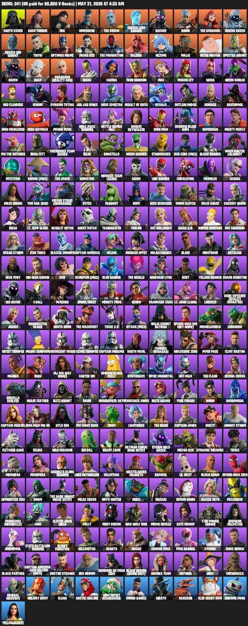 [PC] | 241 skins | Darth Vader | Kado Thorne | Era | Omegarok | The Origin | Frozen Love Ranger | Ravage | Ronin | The Imagined | Frozen Raven | Full Access