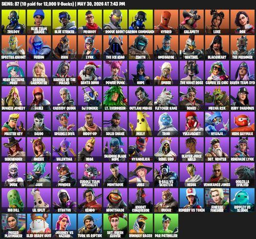 [PC] | 87 skins | 2500 V-bucks | Mako | Reaper Axe | Trilogy | Blue Team Leader | Blue Striker | Prodigy | Rogue Agent | Carbon Commando | Hybrid | Full Access