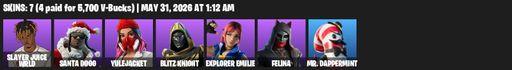 [PC/PSN/XBOX] | 7 skins | 600 V-bucks | Slayer Juice WRLD | Santa Dogg | Yulejacket | Blitz Knight | Explorer Emilie | Felina | Mr. Dappermint | Full Access