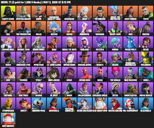 [PC/PSN/XBOX] | 71 skins | 550 V-bucks | Darth Vader | Spectra Knight | Ronin | Paradigm (Reality-659) | Omegarok | Snap | The Ageless | Full Access
