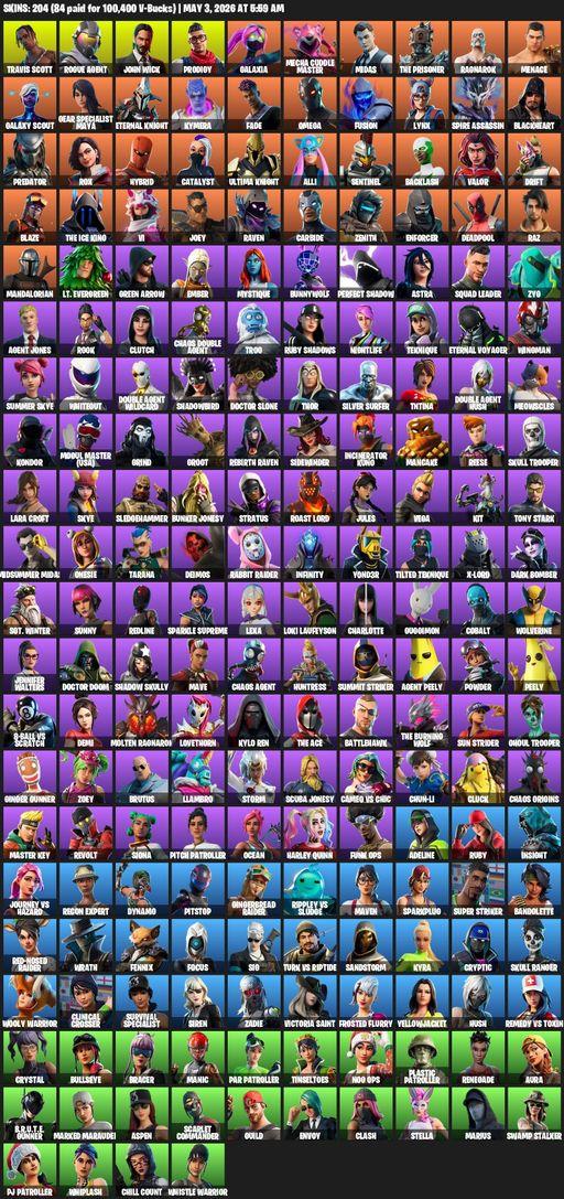 [PC/PSN/XBOX] | 204 skins | 6400 V-bucks | Leviathan Axe | Travis Scott | Omega | Lara Croft | Rogue Agent | John Wick | Prodigy | Galaxia | Full Access
