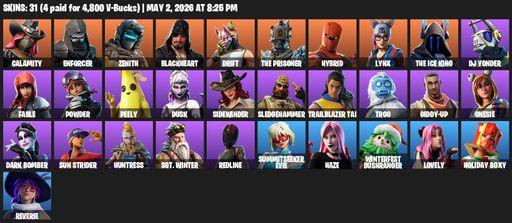 [PC/XBOX] | 31 skins | Calamity | Enforcer | Zenith | Blackheart | Drift | The Prisoner | Hybrid | Lynx | The Ice King | DJ Yonder | Fable | Powder | Full Access