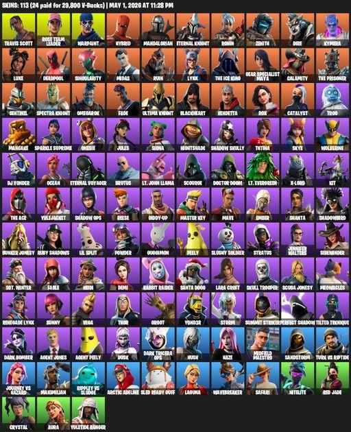 [PC/PSN] | 113 skins | 500 V-bucks | OG STW | Travis Scott | Lara Croft | Rose Team Leader | Warpaint | Hybrid | Mandalorian | Eternal Knight | Ronin | Full Access