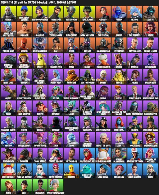 [PC/PSN/XBOX] | 114 skins | 2800 V-bucks | Leviathan Axe | Take The L | The Reaper | Elite Agent | Omega | Lara Croft | Havoc | Blue Team Leader | Full Access