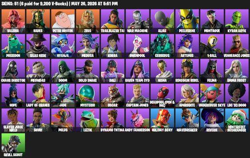 [PC/XBOX] | 51 skins | 1150 V-bucks | Valeria | Hades | Peter Griffin | Zeus | Trailblazer Tai | War Machine | Alias | Peelverine | Montague | Full Access