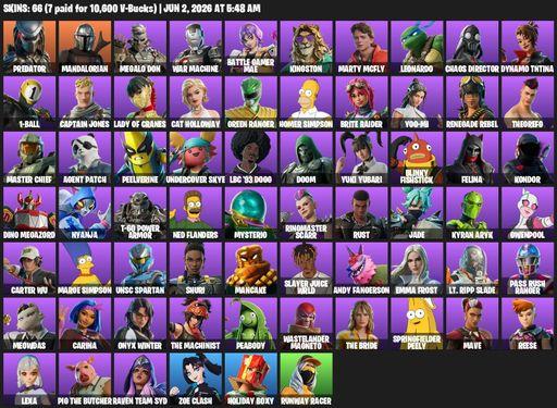 [PC] | 66 skins | 1650 V-bucks | Predator | Mandalorian | Megalo Don | War Machine | Battle Gamer Mae | Kingston | Marty McFly | Leonardo | Full Access
