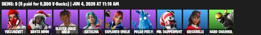 [PC/XBOX] | 9 skins | Yulejacket | Santa Dogg | Slayer Juice WRLD | Katalina | Explorer Emilie | Polar Peely | Mr. Dappermint | Krisabelle | Full Access