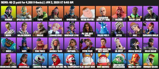 [PC/PSN/XBOX] | 40 skins | 800 V-bucks | Xander | Spectra Knight | Twyn | Kado Thorne | Omegarok | Peter Griffin | Paradigm (Reality-659) | Valeria | Full Access