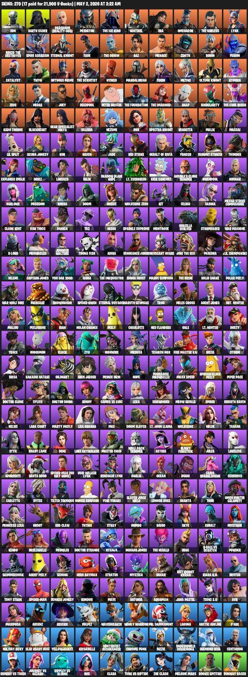 [PC/PSN/XBOX] | 270 skins | 1100 V-bucks | Lara Croft | Eon | Darth Vader | Paradigm (Reality-659) | Predator | The Ice King | Sentinel | Era | Full Access