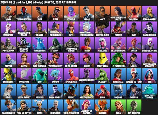 [PC/PSN/XBOX] | 69 skins | 650 V-bucks | Ronin | The Foundation | Fade | Blaze | Kymera | Midas | Joey | Gear Specialist Maya | Deadpool | Full Access