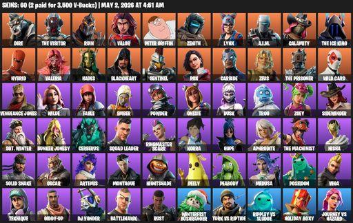 [PC/PSN/XBOX] | 60 skins | 1550 V-bucks | Dire | The Visitor | Ruin | Valor | Peter Griffin | Zenith | Lynx | A.I.M. | Calamity | The Ice King | Full Access