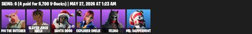 [PC/PSN/XBOX] | 6 skins | 900 V-bucks | Pig the Butcher | Slayer Juice WRLD | Santa Dogg | Explorer Emilie | Felina | Mr. Dappermint | Golden Scythe | Full Access