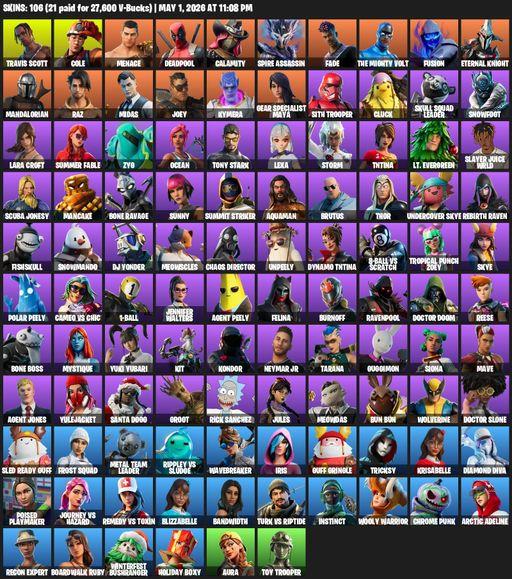 [PC/PSN] | 106 skins | 1250 V-bucks | Leviathan Axe | Travis Scott | Lara Croft | Cole | Menace | Deadpool | Calamity | Spire Assassin | Fade | Full Access