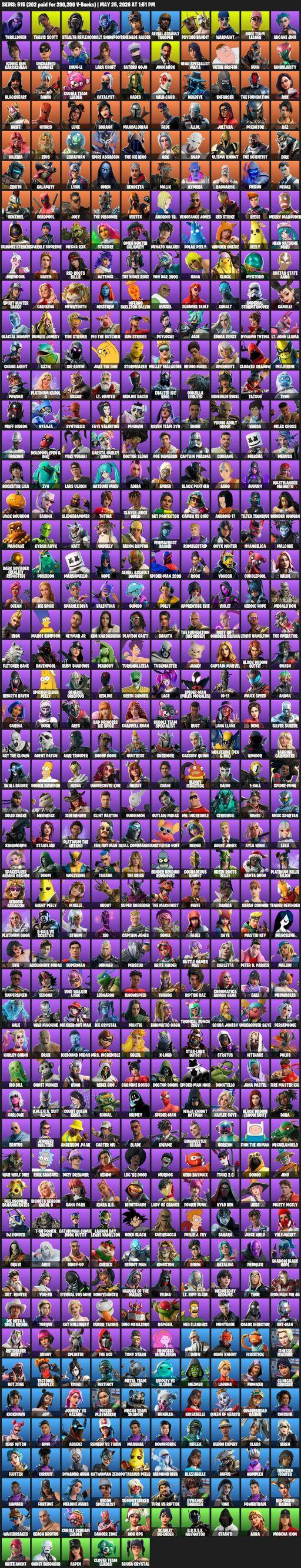 [PC/PSN/XBOX] | 515 skins | 1500 V-bucks | Raider's Revenge | OG STW | Renegade Raider | Aerial Assault Trooper | Travis Scott | Lara Croft | Full Access