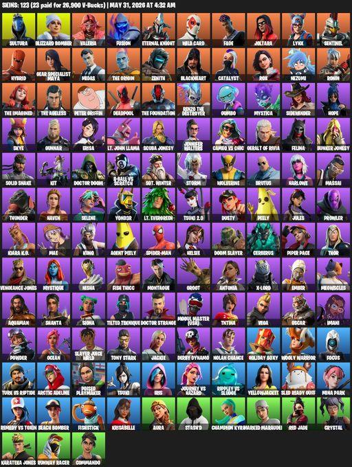 [PC/XBOX] | 123 skins | Reaper Axe | Sultura | Blizzard Bomber | Valeria | Fusion | Eternal Knight | Wild Card | Fade | Joltara | Lynx | Sentinel | Full Access