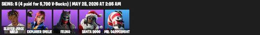 [PC/PSN/XBOX] | 5 skins | 500 V-bucks | Slayer Juice WRLD | Explorer Emilie | Felina | Santa Dogg | Mr. Dappermint | Hanzō Katana | Butcher's Knife | Full Access
