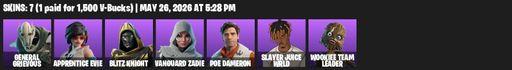 [PC/PSN] | 7 skins | 900 V-bucks | General Grievous | Apprentice Evie | Blitz Knight | Vanguard Zadie | Poe Dameron | Slayer Juice WRLD | Full Access