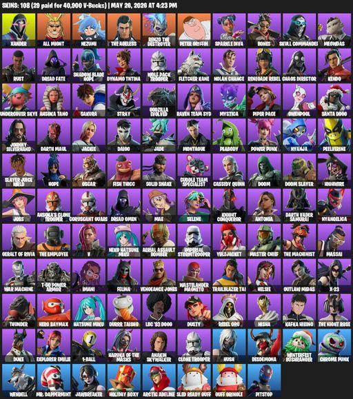 [PC/PSN] | 108 skins | Xander | All Might | Nezumi | The Ageless | Renzo the Destroyer | Peter Griffin | Sparkle Diva | Bones | Skull Commander | Full Access